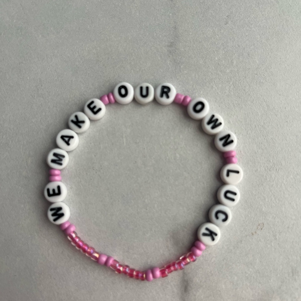 “We Make Our Own Luck” Pink and White Beaded Friendship Bracelet